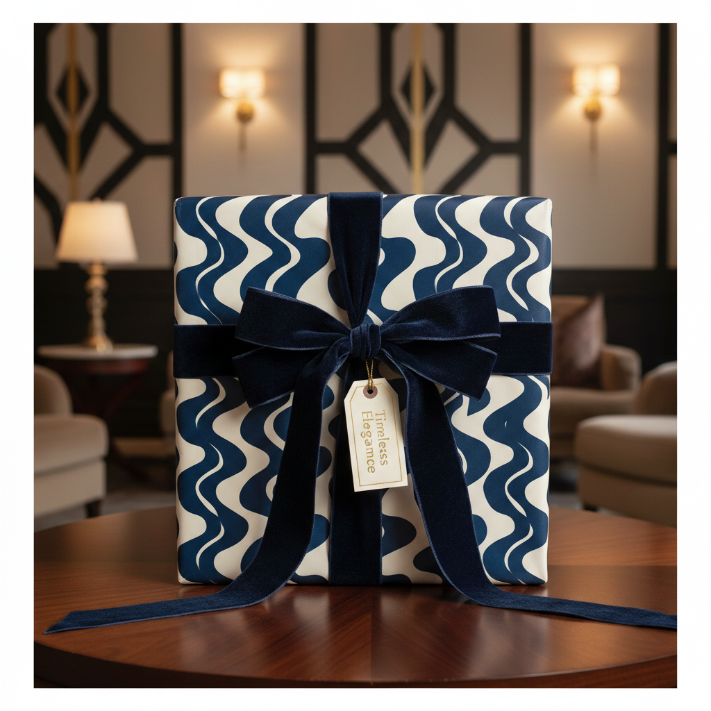 Luxury modern wavy pattern wrapping paper with a dark blue velvet ribbon and gift tag, perfect for elegant gifts.