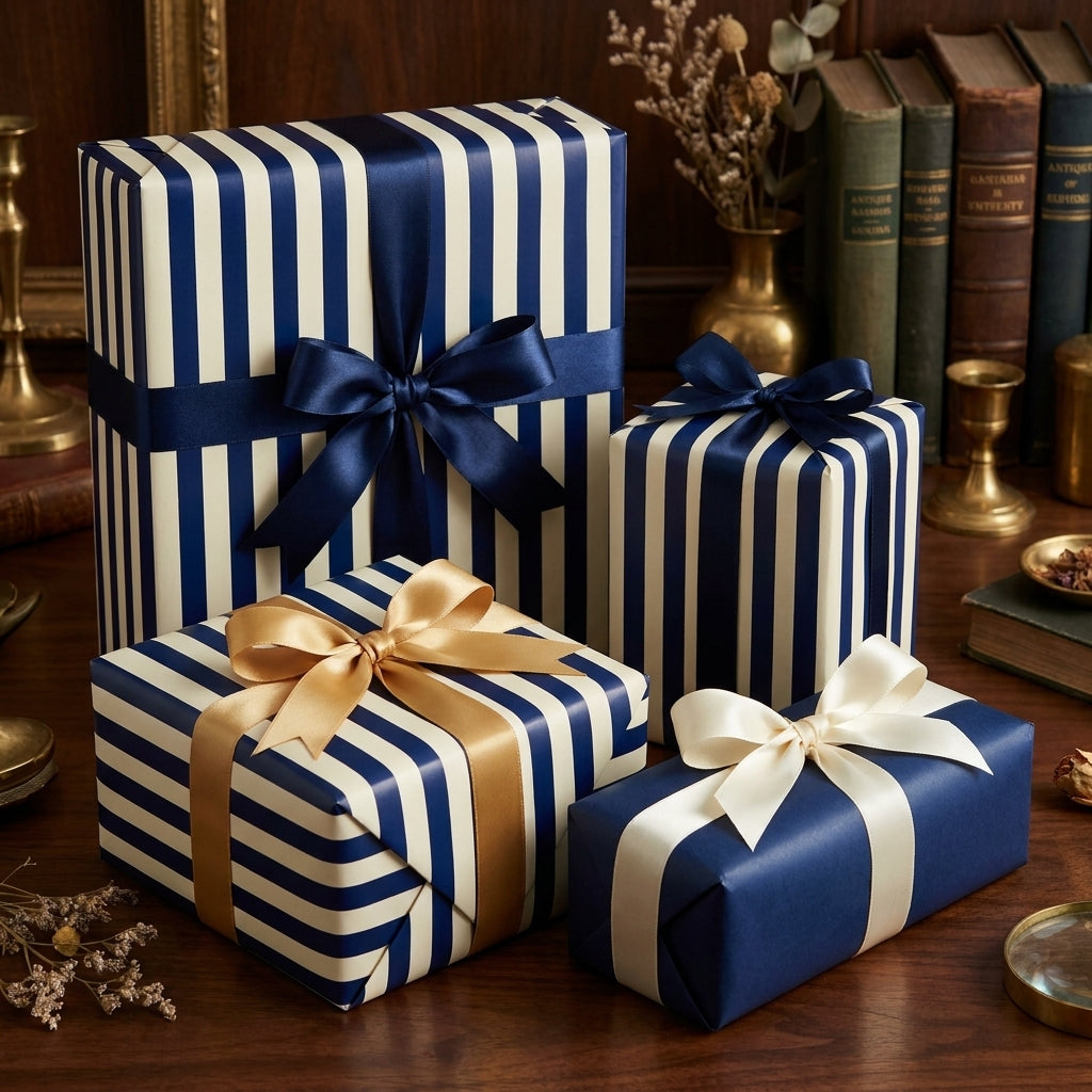 Luxury navy blue striped wrapping paper on gift boxes with elegant satin bows by Wrapped Studios.