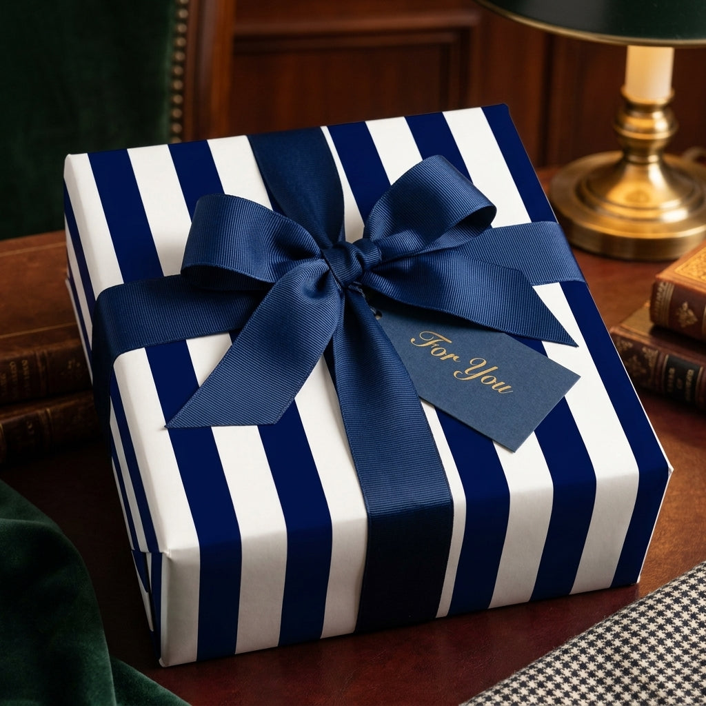 Elegant navy blue striped wrapping paper on a gift box with a luxury ribbon, by Wrapped Studios.
