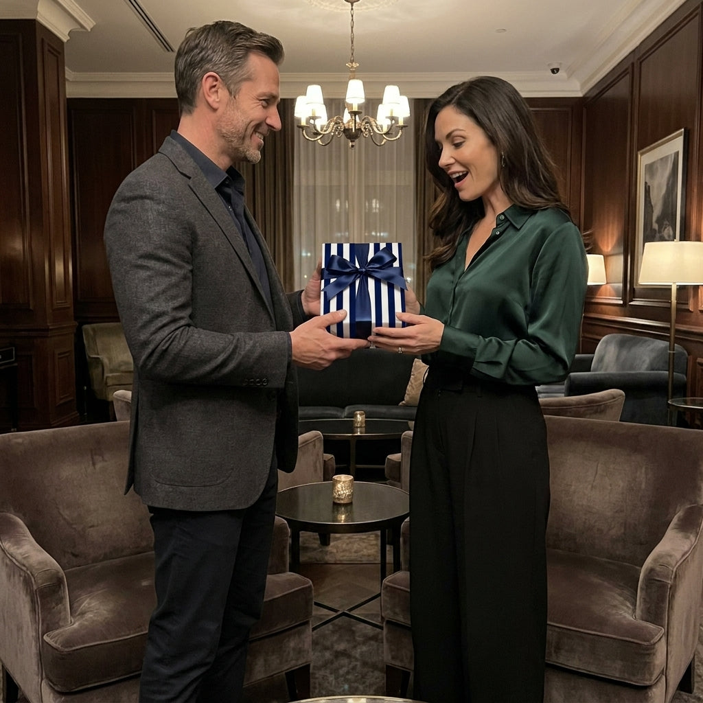 Man giving woman a gift in luxury blue striped wrapping paper with navy bow by Wrapped Studios.