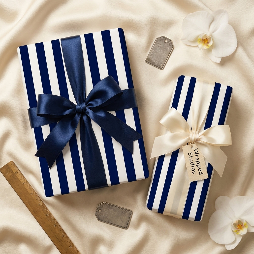 Navy blue striped wrapping paper with satin bows, luxury gift wrap by Wrapped Studios.