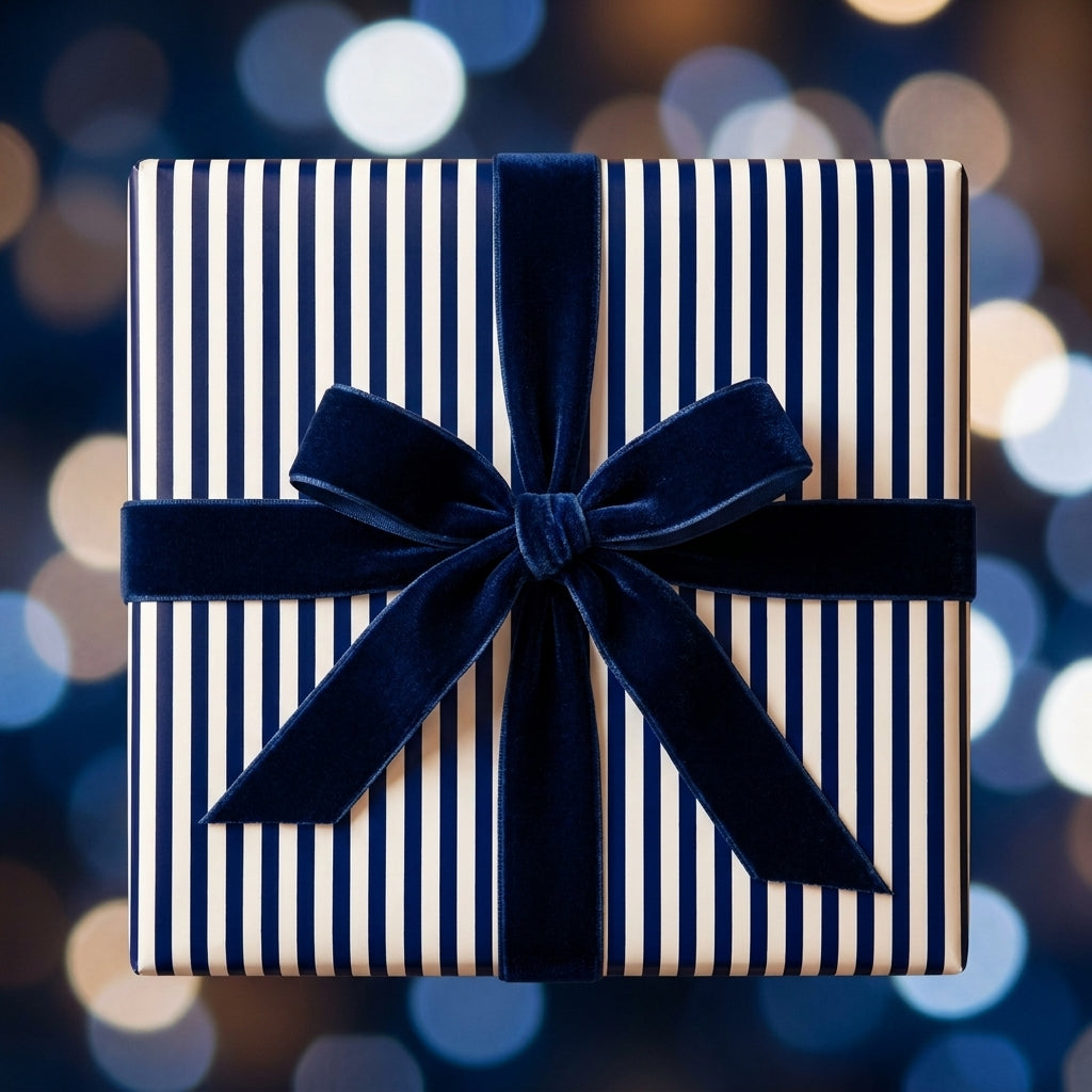 Luxury navy blue striped wrapping paper with a velvet bow, perfect holiday gift wrap by Wrapped Studios.