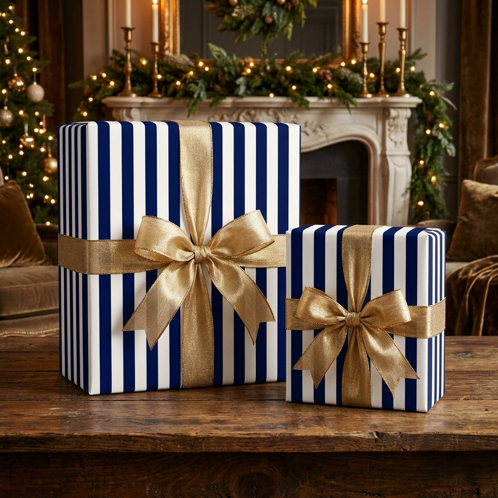 Navy blue striped Christmas wrapping paper with gold ribbon by Wrapped Studios.