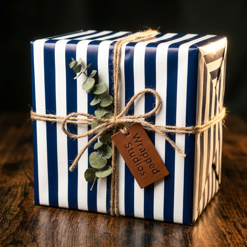 Navy striped wrapping paper by Wrapped Studios on a gift box with twine and eucalyptus.