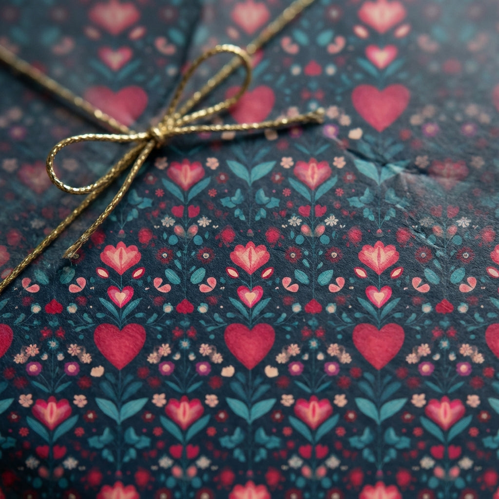 Gift box with heart pattern and gold ribbon on a matching background