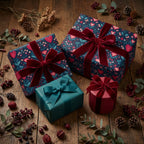 Three gift boxes with floral patterns and red ribbons on a wooden surface with decorative elements. navy-folk-heart-floral-gift-wrap-group