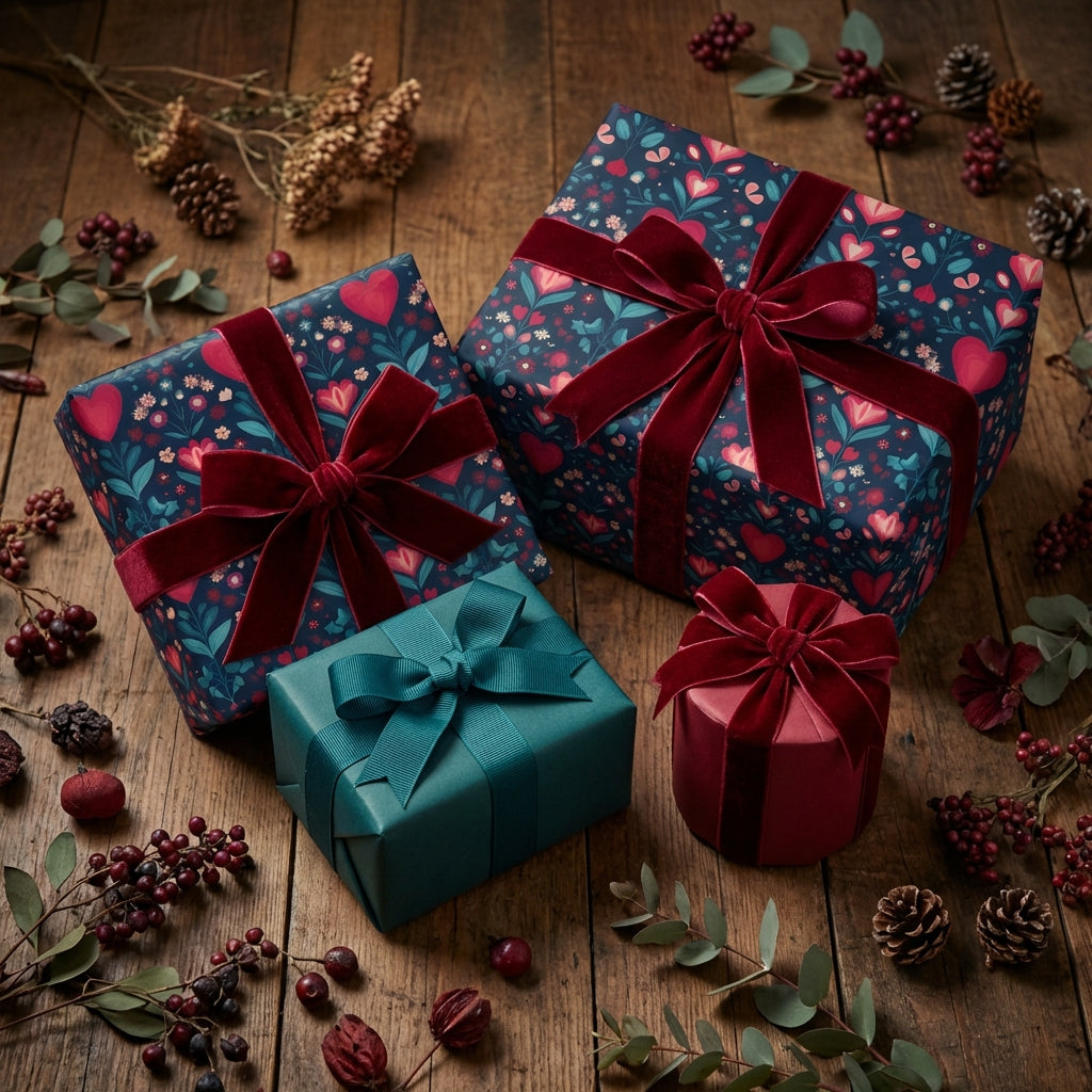 Three gift boxes with floral patterns and red ribbons on a wooden surface with decorative elements. navy-folk-heart-floral-gift-wrap-group