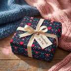 Gift box with floral pattern and 'Handmade for You' tag on a wooden surface with knitted fabric.