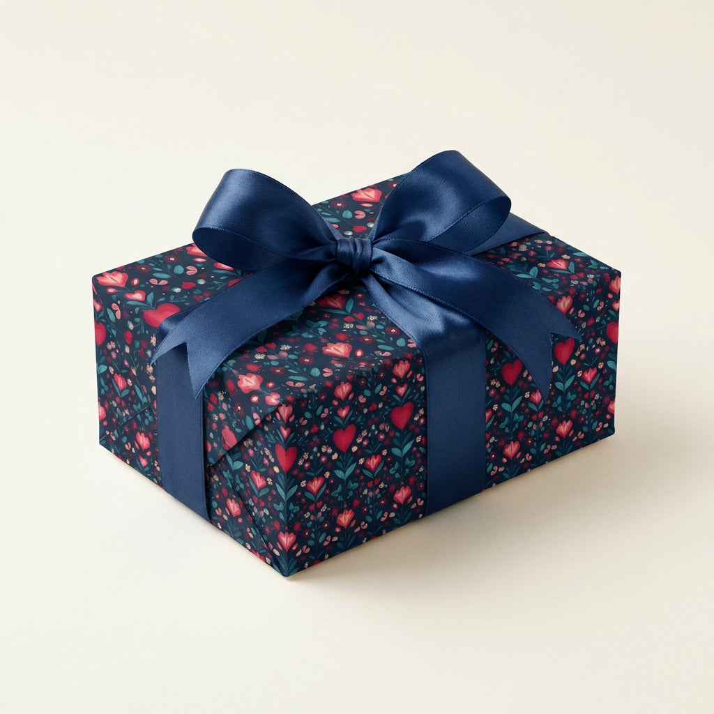 Gift box wrapped with floral gift wrap pattern and blue ribbon on a light beige background