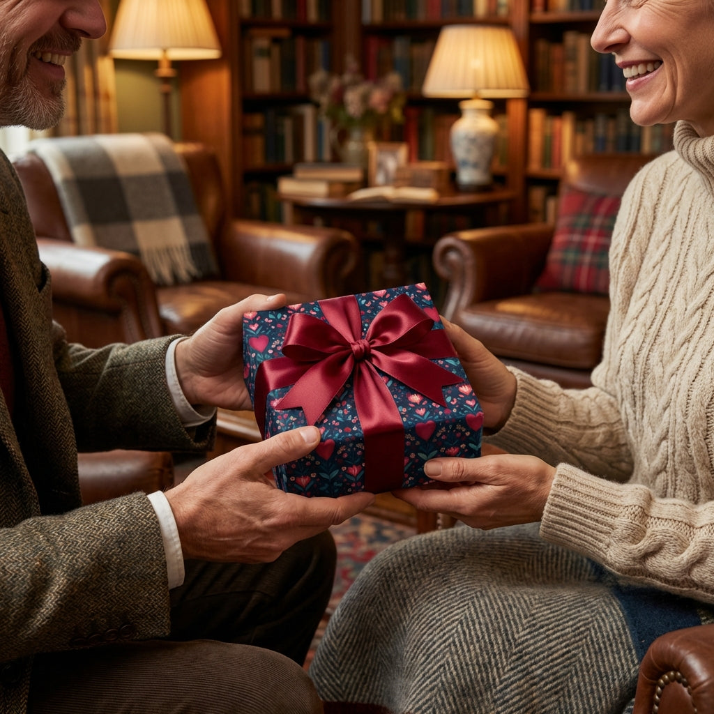 Two people exchanging a gift with a red ribbon in a cozy living room. Gift is wrapped with navy folk heart floral wrapping paper.