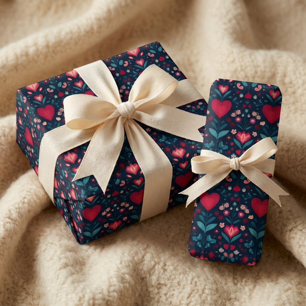 Two gift boxes with heart patterns and cream ribbons on a beige fabric background