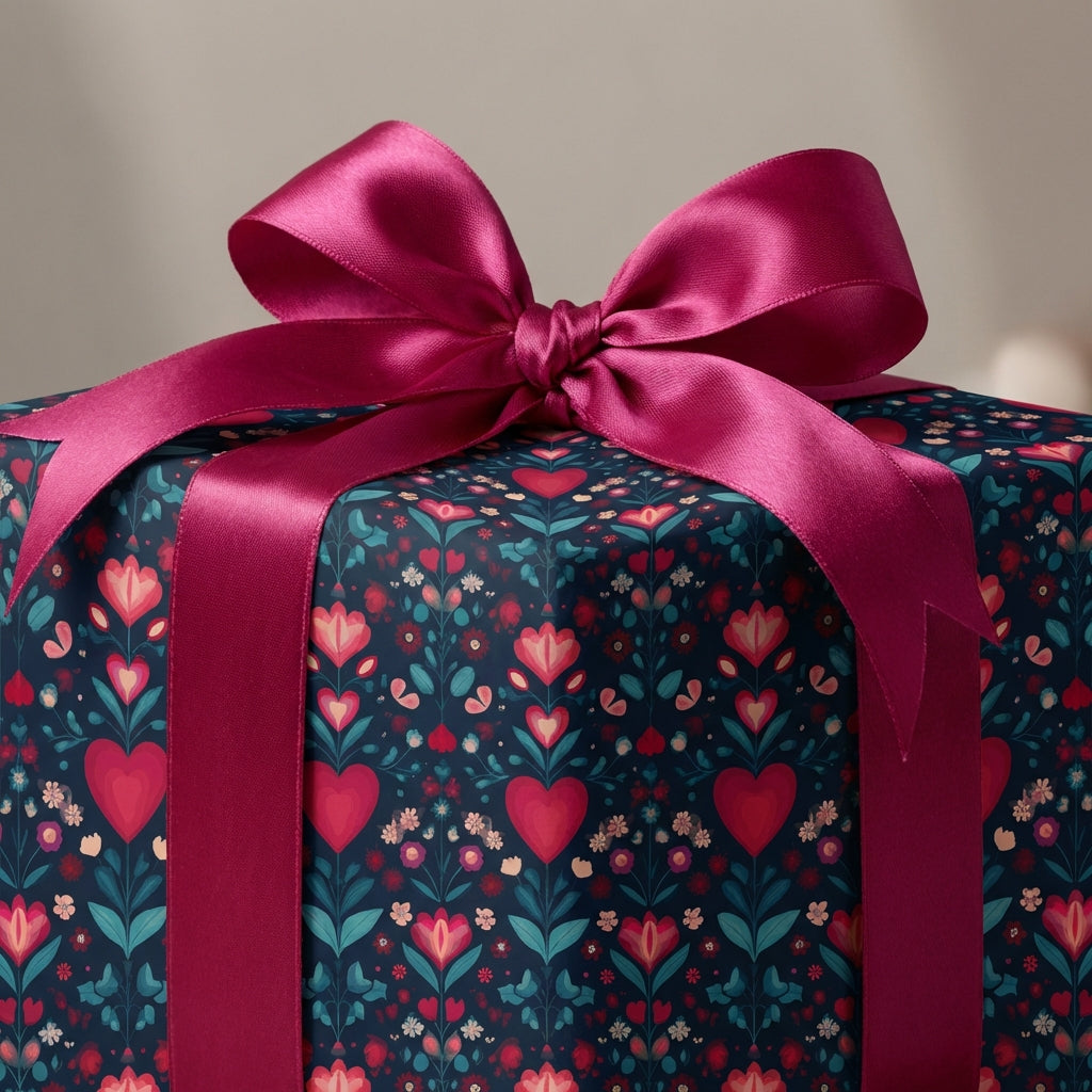 Gift box with navy folk heart floral pattern and pink ribbon on a neutral background