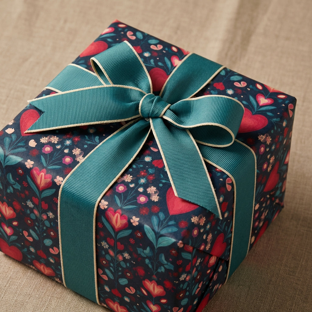 Gift box with floral pattern and teal ribbon on a textured surface