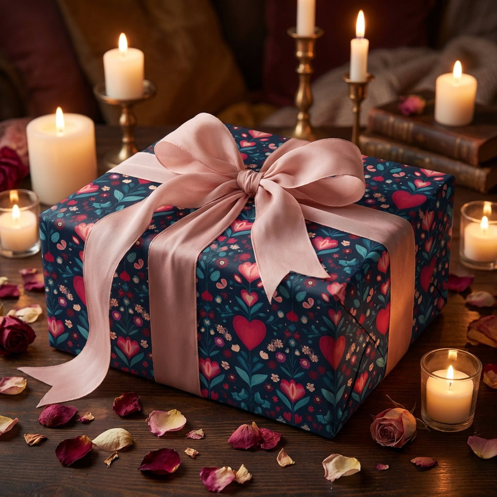Gift box with navy folk heart floral pattern and pink ribbon surrounded by candles and rose petals on a wooden surface