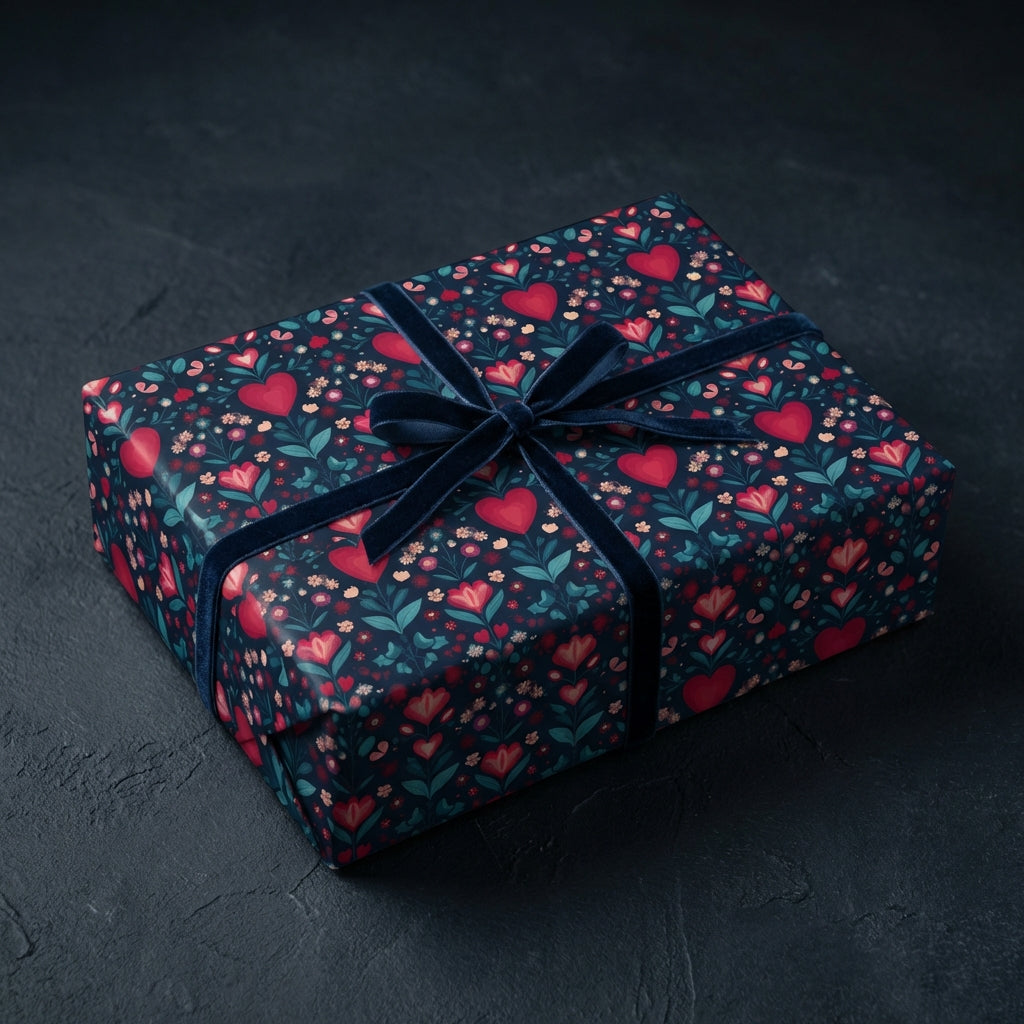 Luxury gift wrap with a romantic pattern of red hearts and floral elements on a dark blue background, tied with a velvet ribbon bow.