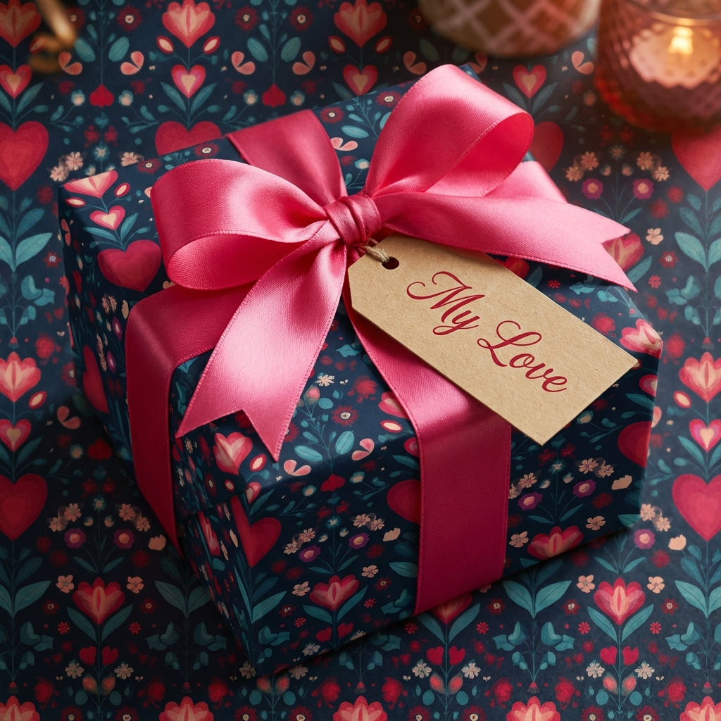 Gift box with pink ribbon and 'My Love' tag on a heart-patterned background. Navy-folk-heart-floral-gift-wrap