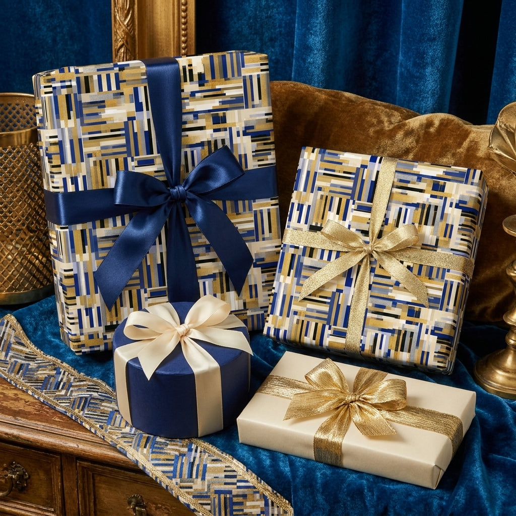 Luxury geometric wrapping paper in navy and gold by Wrapped Studios, featuring elegant gift boxes with silk ribbons.