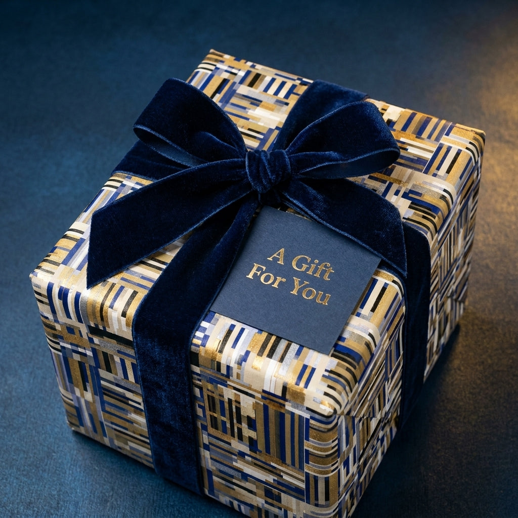 Luxury gift box in navy and gold geometric wrapping paper with a plush velvet ribbon from Wrapped Studios.