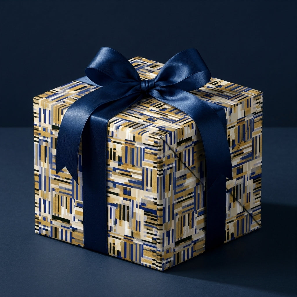 Luxury gift box with modern blue and gold geometric wrapping paper and a sleek navy satin ribbon by Wrapped Studios.