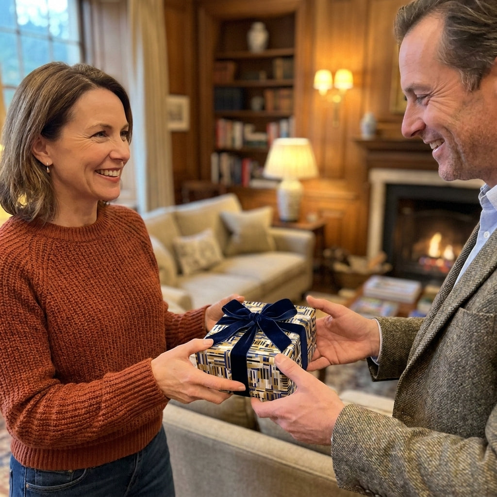 Woman and man exchanging a luxury gift wrapped in geometric paper with a navy blue velvet bow by Wrapped Studios.