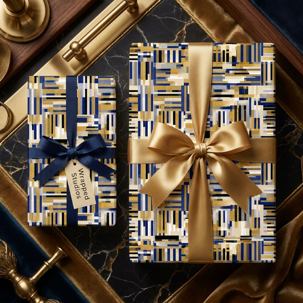 Luxury gift wrap by Wrapped Studios featuring a modern geometric pattern in navy, gold, and cream with silk ribbons.