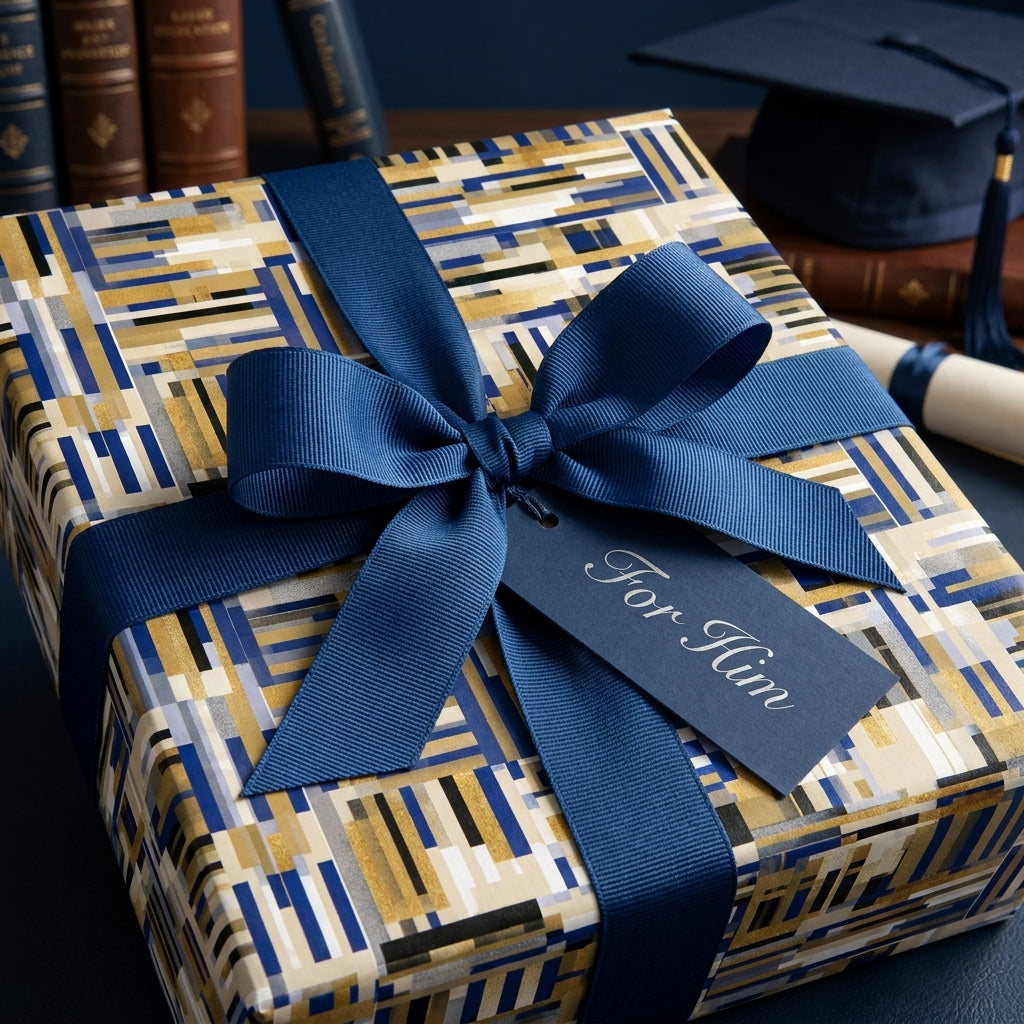 Luxury gift wrapped in geometric blue and gold paper with a navy ribbon and "For Him" tag, by Wrapped Studios.