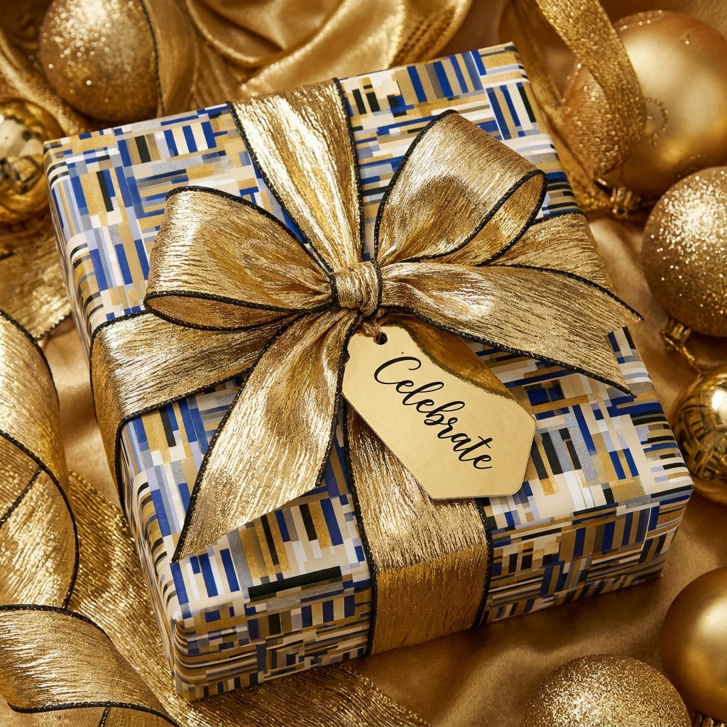 Luxury gift box wrapped in blue and gold geometric paper with a metallic bow and "Celebrate" tag by Wrapped Studios.
