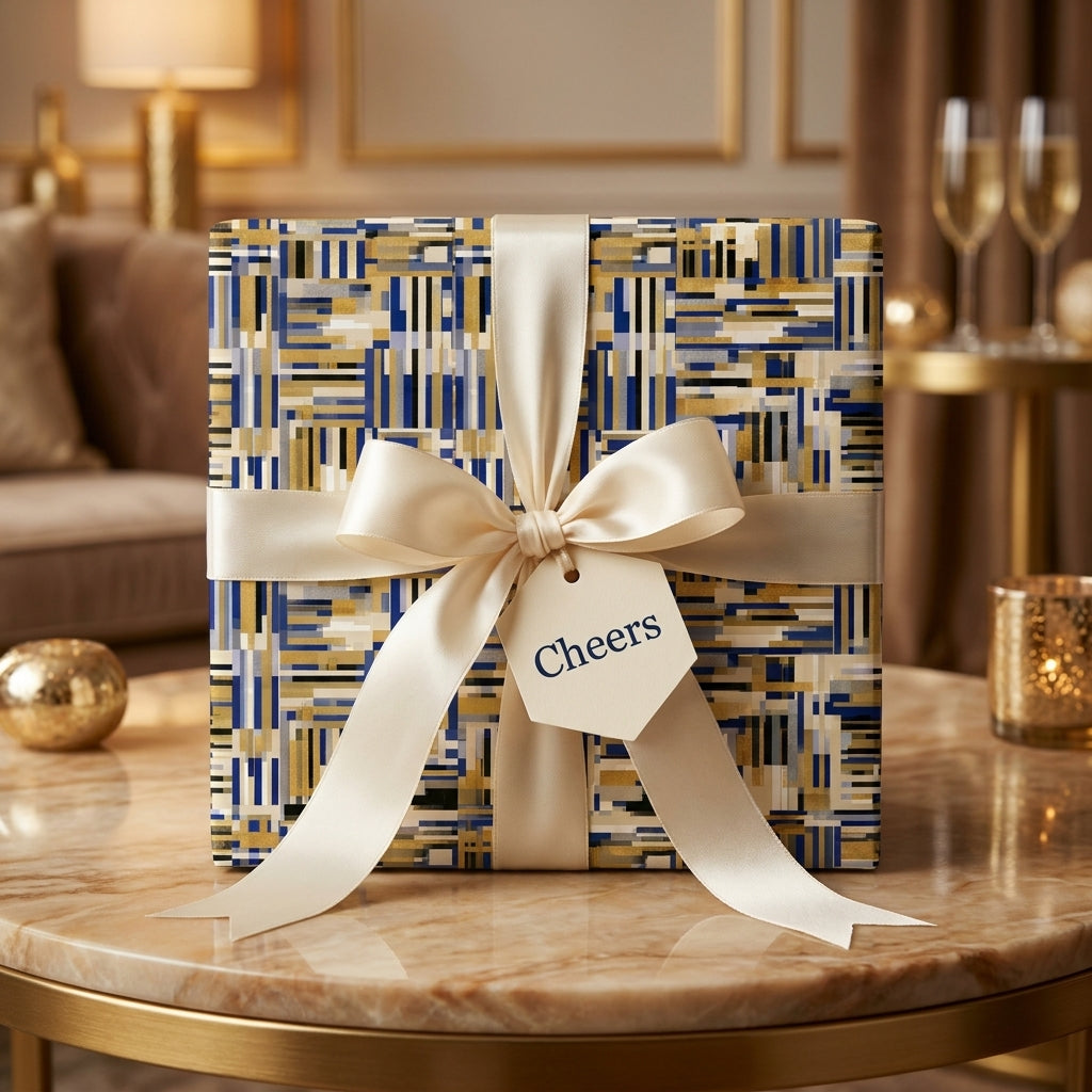 Luxury Wrapped Studios gift box with modern blue and gold geometric wrapping paper and a satin ribbon bow.