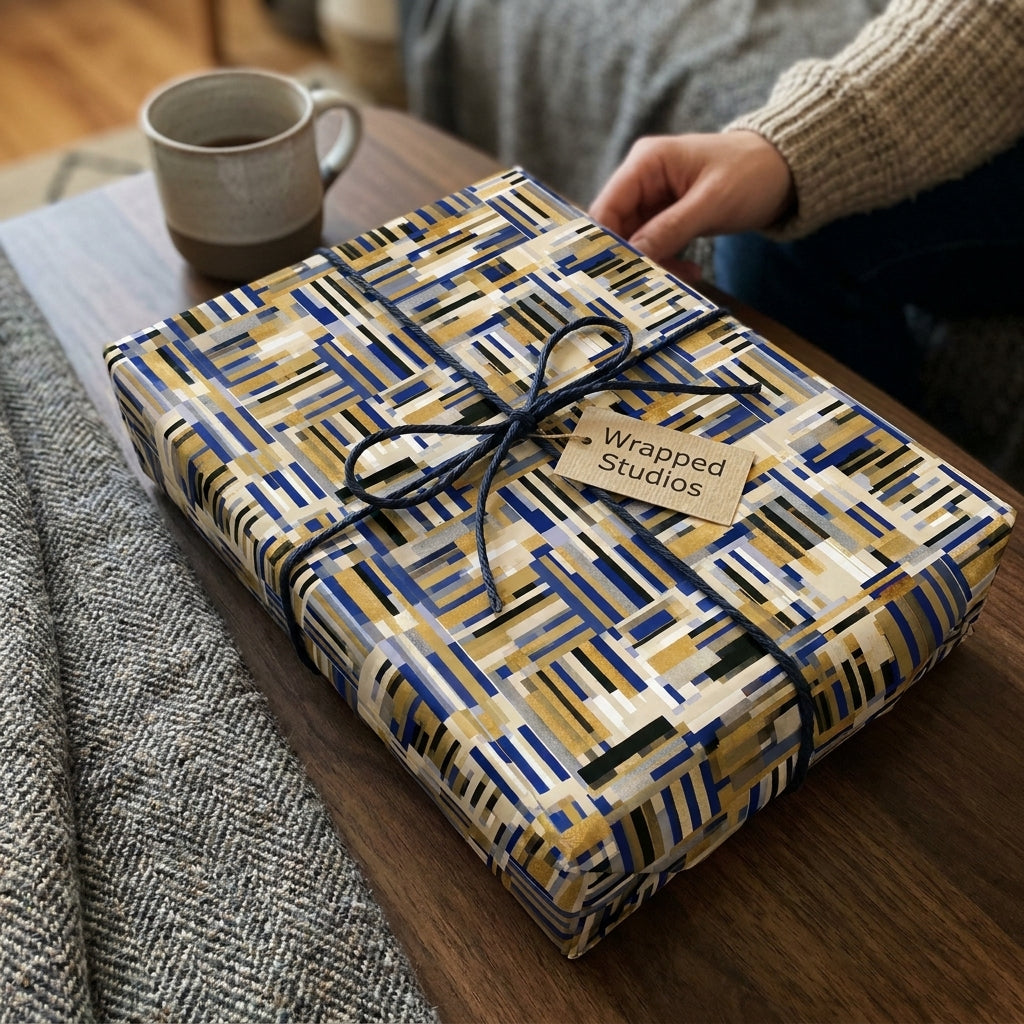 Luxury gift box wrapped in modern blue and gold geometric patterned paper with a twine bow by Wrapped Studios.