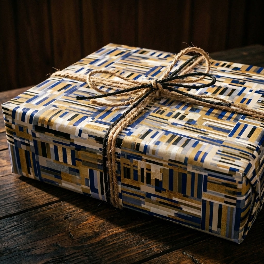 Modern geometric gift wrap in blue and gold, tied with rustic twine on a wooden table, from Wrapped Studios.