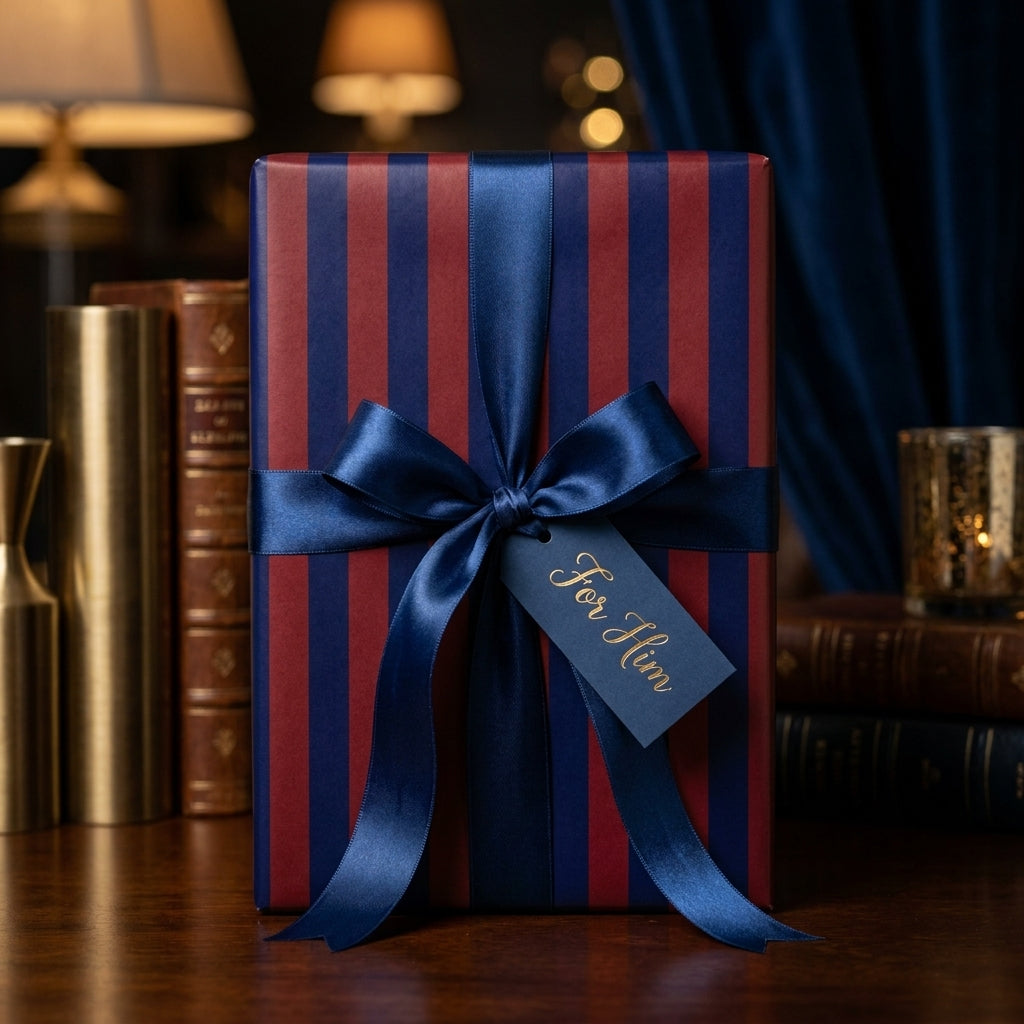 Navy and burgundy striped luxury gift wrap with blue ribbon for him by Wrapped Studios.