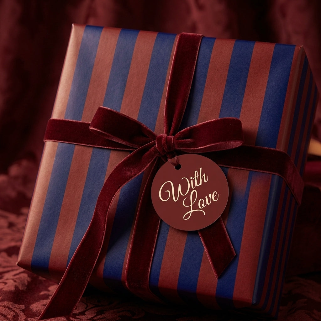 Luxury striped gift wrap in navy and burgundy with a velvet bow and "With Love" tag by Wrapped Studios.