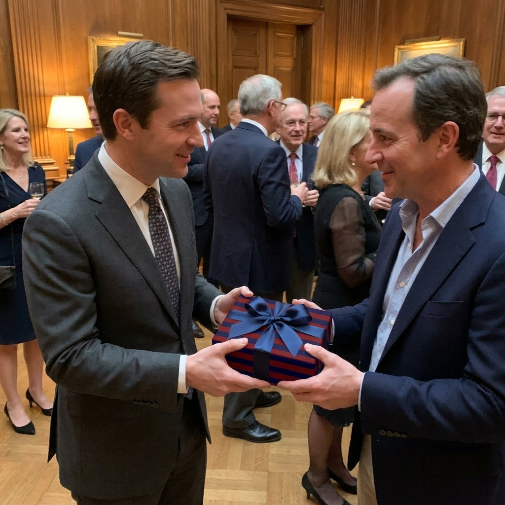 Men exchanging a gift in luxury navy and red striped wrapping paper with a blue satin bow, by Wrapped Studios.