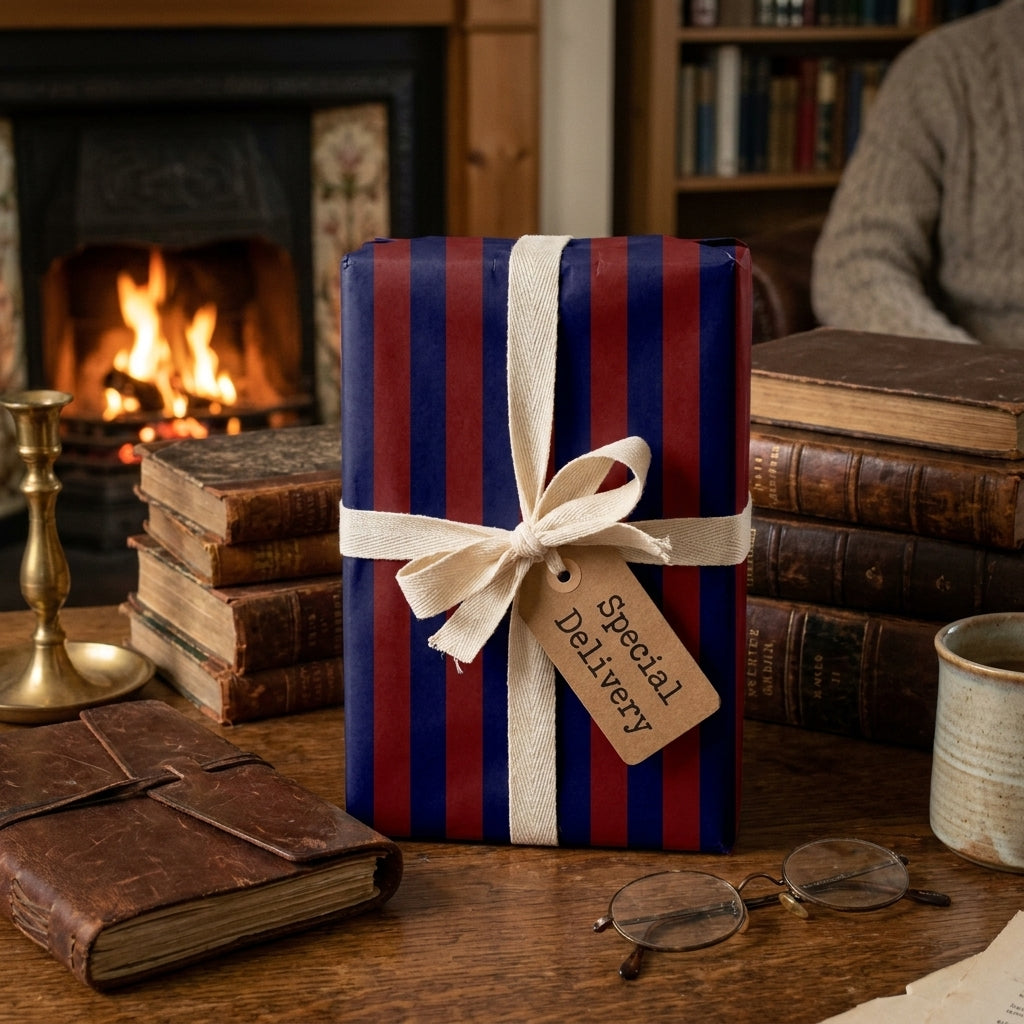 Vintage navy and red striped wrapping paper with a cream ribbon in a cozy study by Wrapped Studios.
