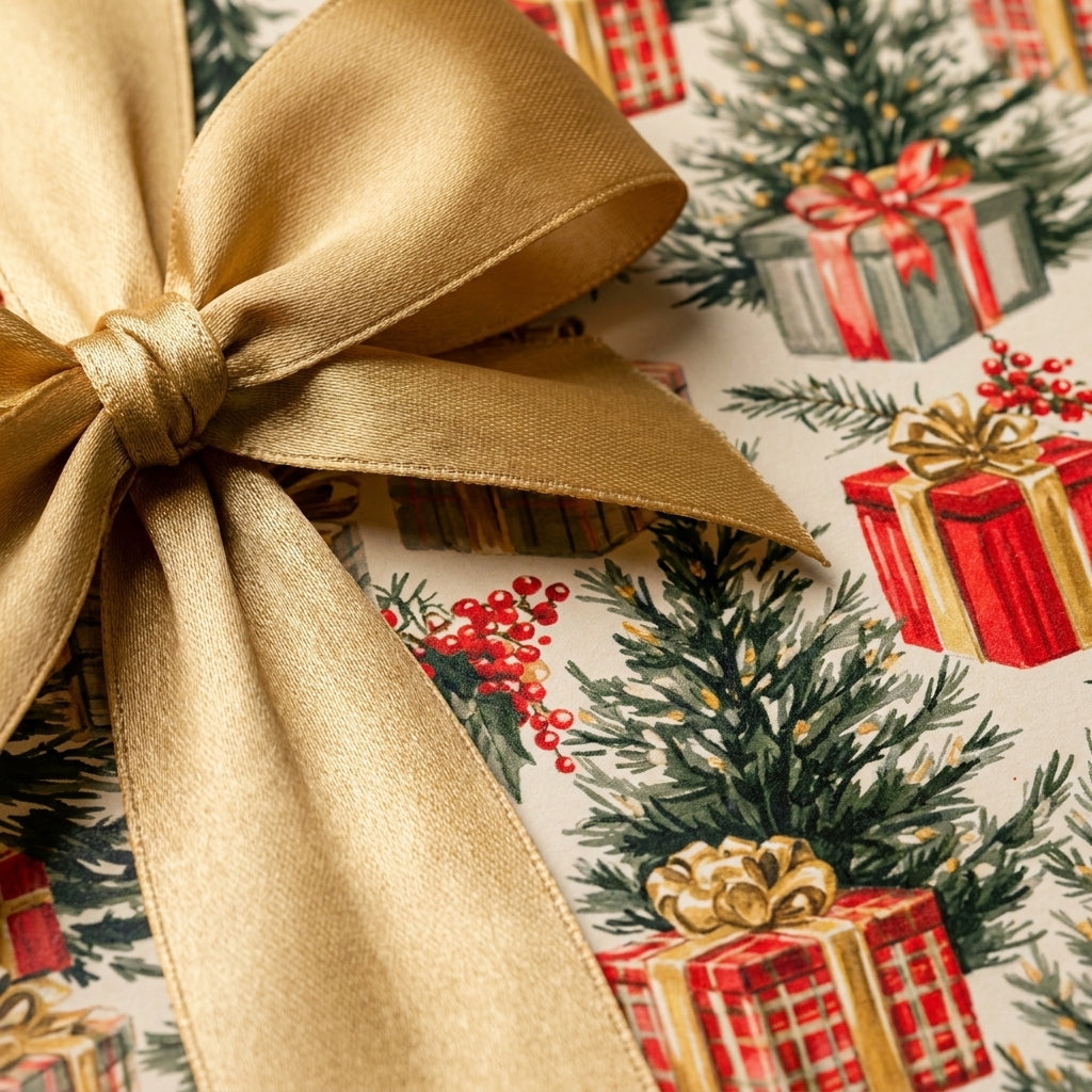 Luxury Christmas wrapping paper with festive trees and gifts, tied with a gold satin bow by Wrapped Studios.