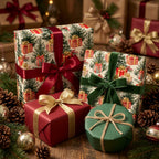 Luxury Christmas wrapping paper with evergreen tree pattern and velvet ribbons by Wrapped Studios.