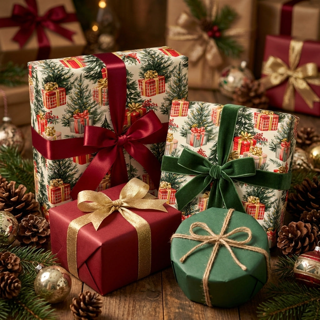 Luxury Christmas wrapping paper with evergreen tree pattern and velvet ribbons by Wrapped Studios.