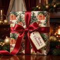 Luxury Christmas wrapping paper with vintage tree pattern and red satin bow by Wrapped Studios.