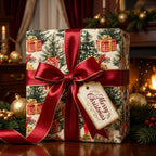 Luxury Christmas wrapping paper with vintage tree pattern and red satin bow by Wrapped Studios.