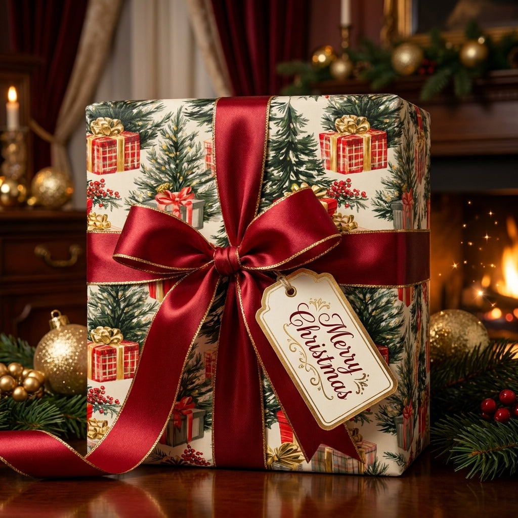 Luxury Christmas wrapping paper with vintage tree pattern and red satin bow by Wrapped Studios.