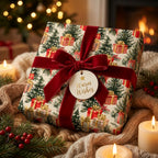 Luxury Christmas wrapping paper with evergreen tree pattern and red velvet bow by Wrapped Studios.