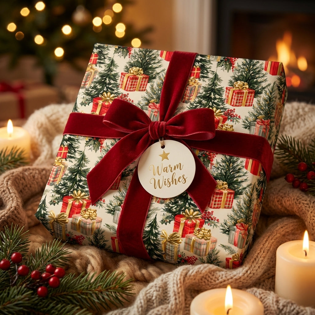 Luxury Christmas wrapping paper with evergreen tree pattern and red velvet bow by Wrapped Studios.
