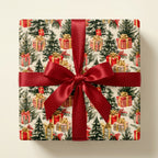 Vintage Christmas wrapping paper with festive pine tree pattern and red satin bow by Wrapped Studios.