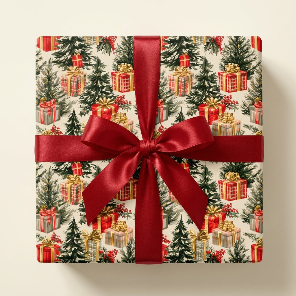 Vintage Christmas wrapping paper with festive pine tree pattern and red satin bow by Wrapped Studios.