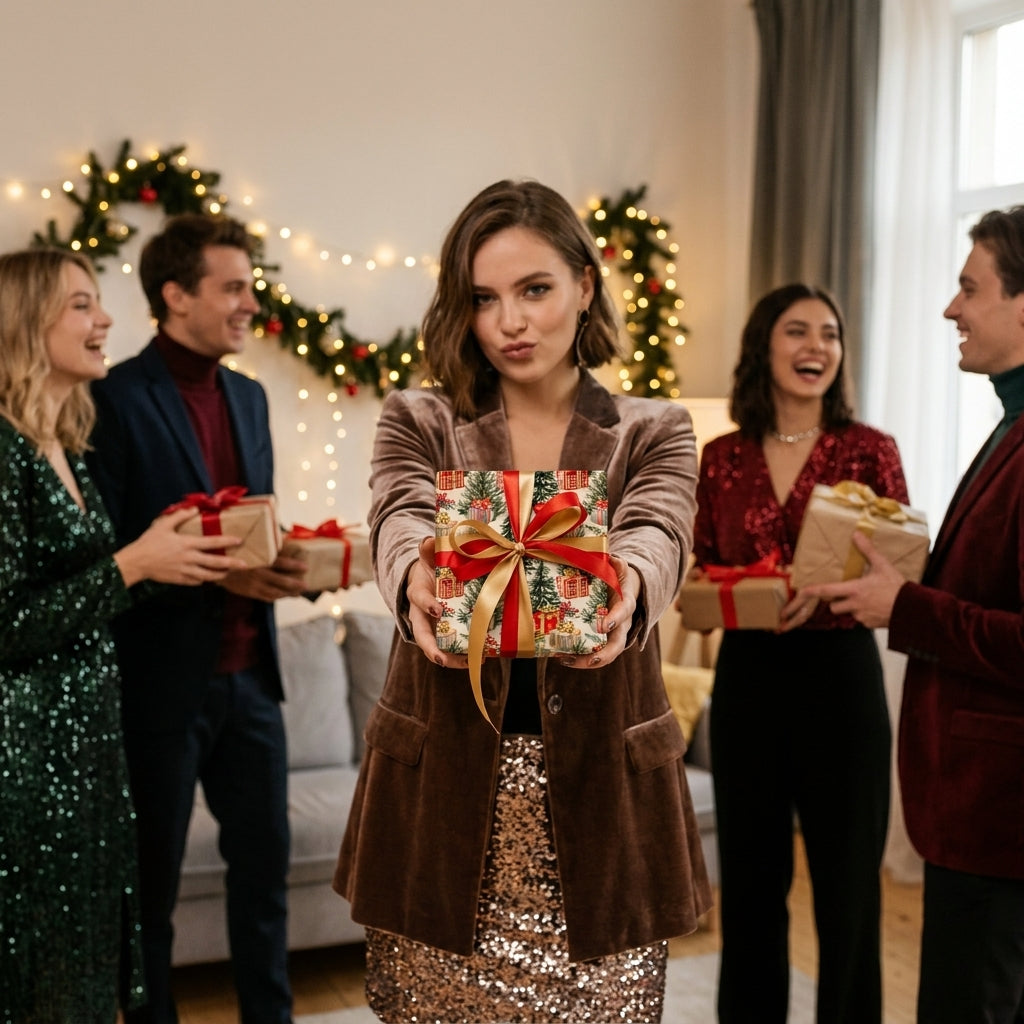 Woman holding gift in luxury Christmas wrapping paper with red bow at holiday party by Wrapped Studios.