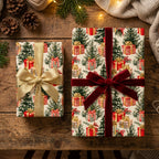 Vintage Christmas wrapping paper with holiday tree pattern and velvet ribbons by Wrapped Studios.