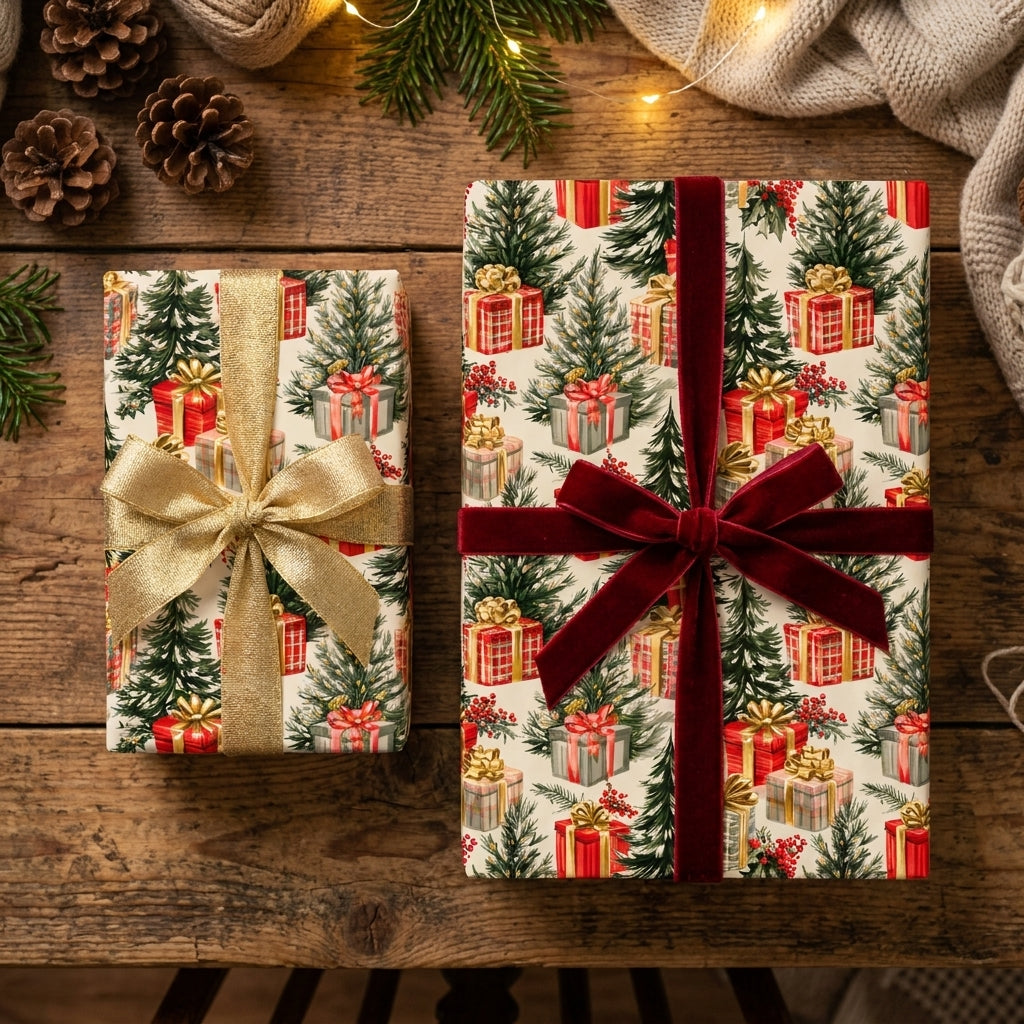 Vintage Christmas wrapping paper with holiday tree pattern and velvet ribbons by Wrapped Studios.