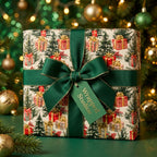 Vintage Christmas wrapping paper with holiday trees and a luxury green bow, by Wrapped Studios.