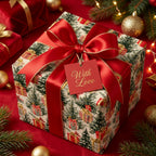 Luxury Christmas wrapping paper with vintage tree print and red satin ribbon by Wrapped Studios.