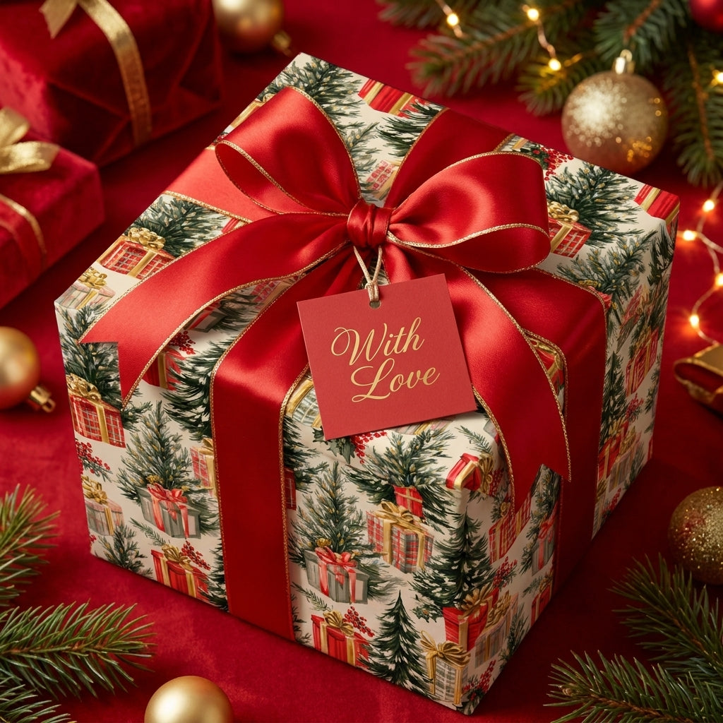 Luxury Christmas wrapping paper with vintage tree print and red satin ribbon by Wrapped Studios.